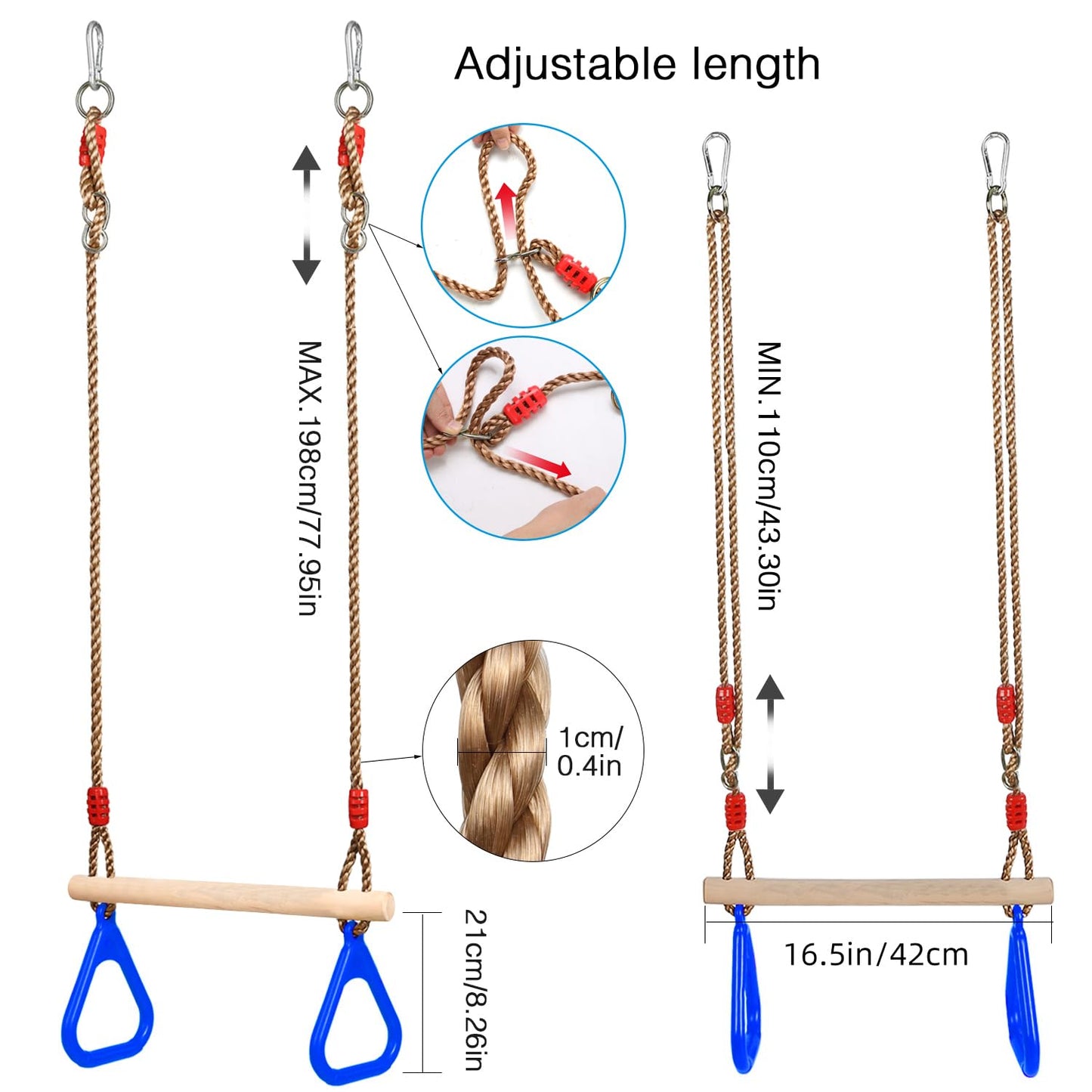 PELLOR Multifunctional Children's Wooden Trapeze Swing with Plastic Gymnastic Rings for Hanging, holds up to 160KG