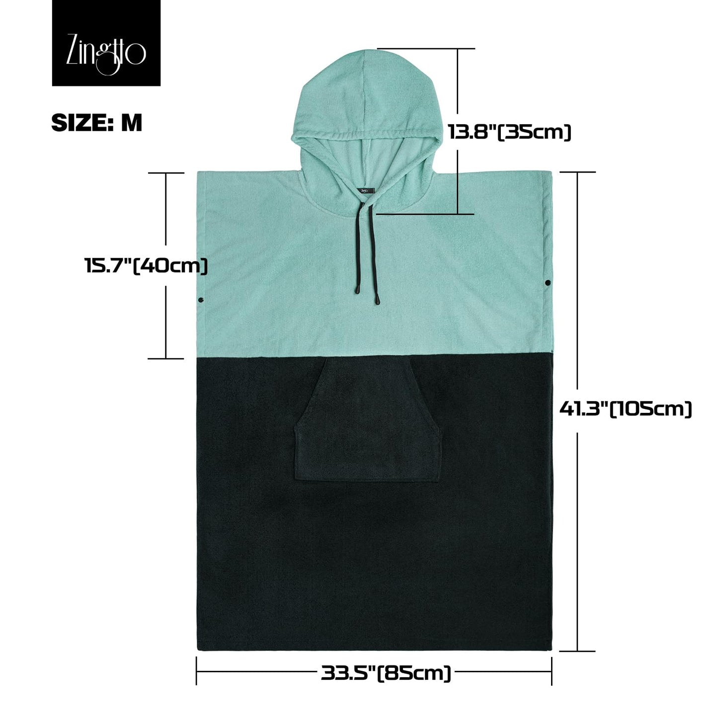 Zingtto Surf Poncho, extra large, thick towel poncho for men and women with hooded pocket for swimming at the beach, 41''x33'', black/green.