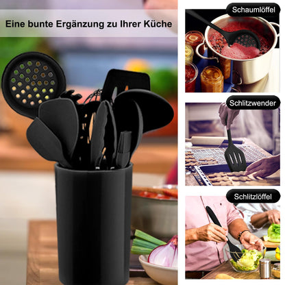 Homikit Silicone Kitchen Utensil Set, 12 Pieces Black Cooking Utensils Cookware, Heat-Resistant Cooking Utensil Set with Utensil Holder, Healthy & Non-stick, Dishwasher Safe