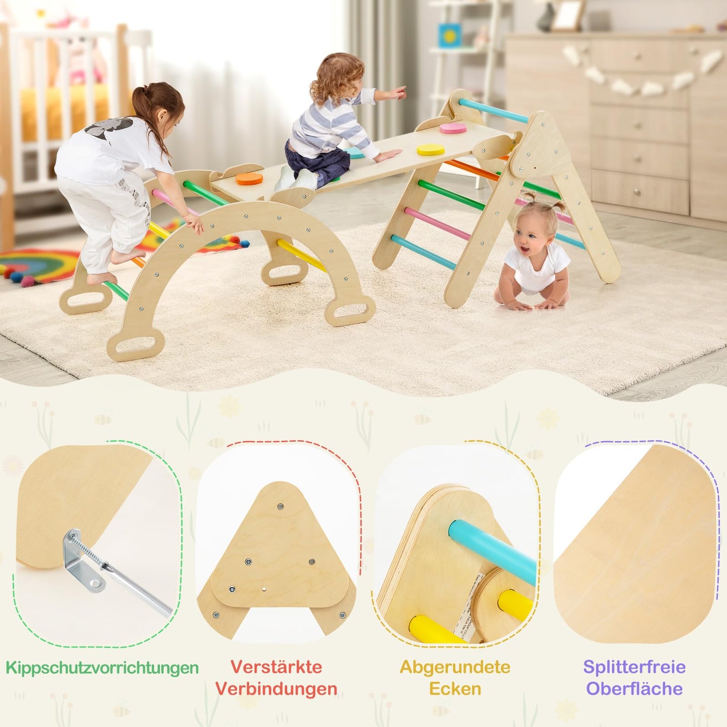 COSTWAY Climbing Triangle with Slide, Climbing Arch, including double-sided ramp, for climbing, sliding, and rocking, 4 in 1 indoor climbing frame for ages 1 and up (Multicolor)