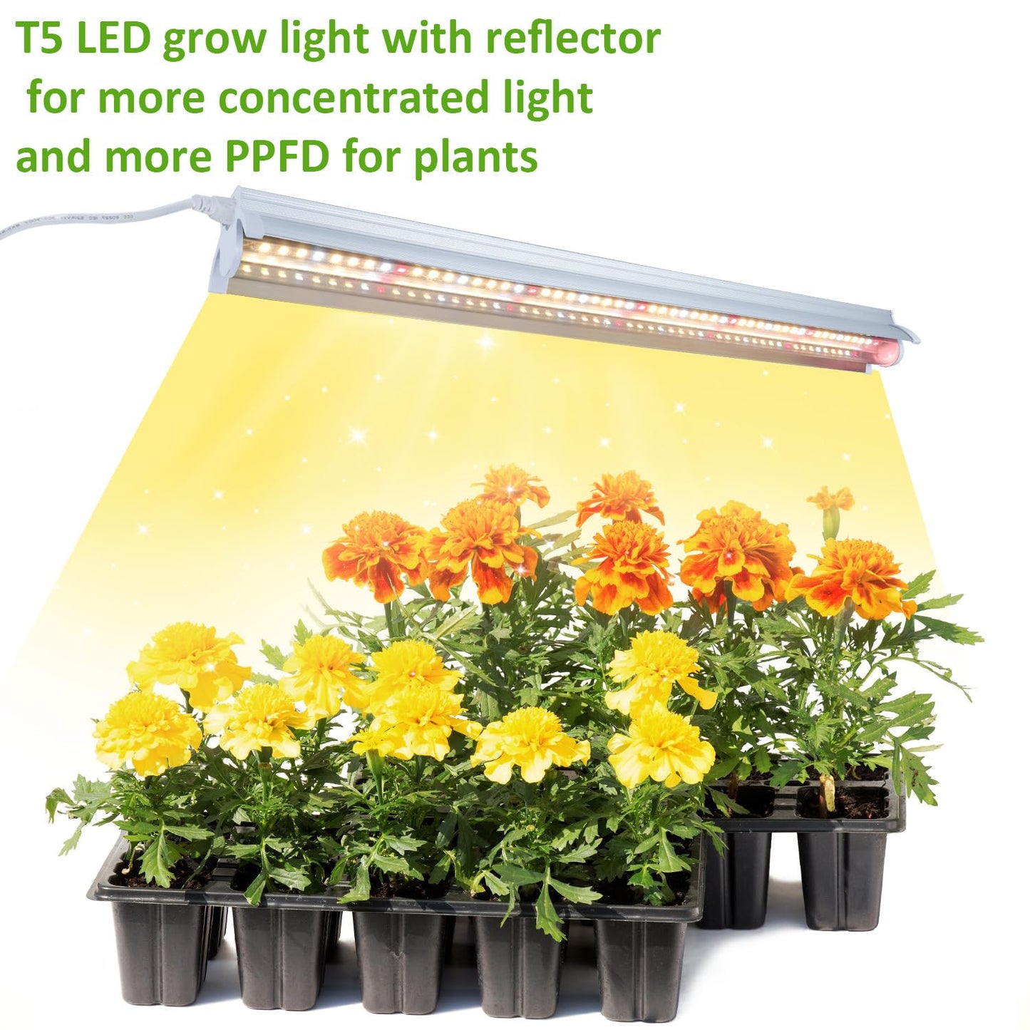 Niello 4Pack T5 Plant Lamp, 42cm LED Grow Light for indoor plants Full Spectrum, 660nm/3000K/6000K plant light with reflector/Daisy Chain for seeding, greenhouse, grow shelves.