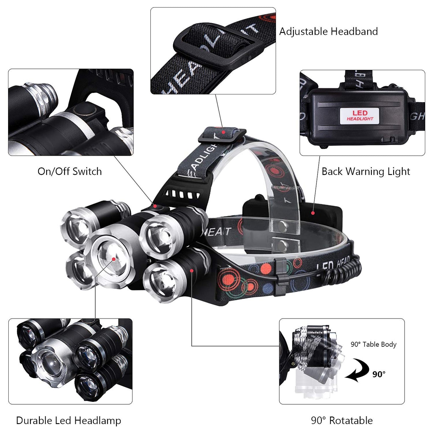 Lavcus LED Headlamp Super Bright, Headlight 12000 Lumens 5 LED 4 Modes incl. USB Cable with 18650 Battery, Ideal For Rescue Camping Fishing Climbing Hiking