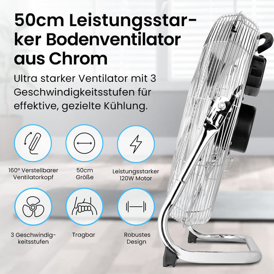Pro Breeze 50 cm Chrome Floor Fan with 3 Speed Settings and Adjustable Fan Head - Air Circulator for Gym or Workshop