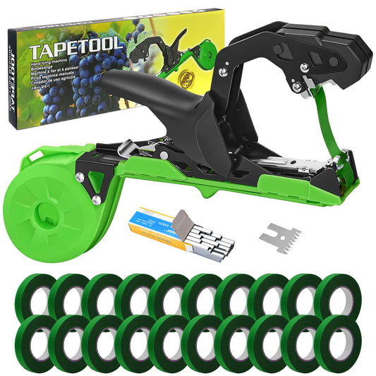 Plant tying machine tape tool with 1 box of staples and 20 rolls for tomatoes, vines, fruit, grapes.