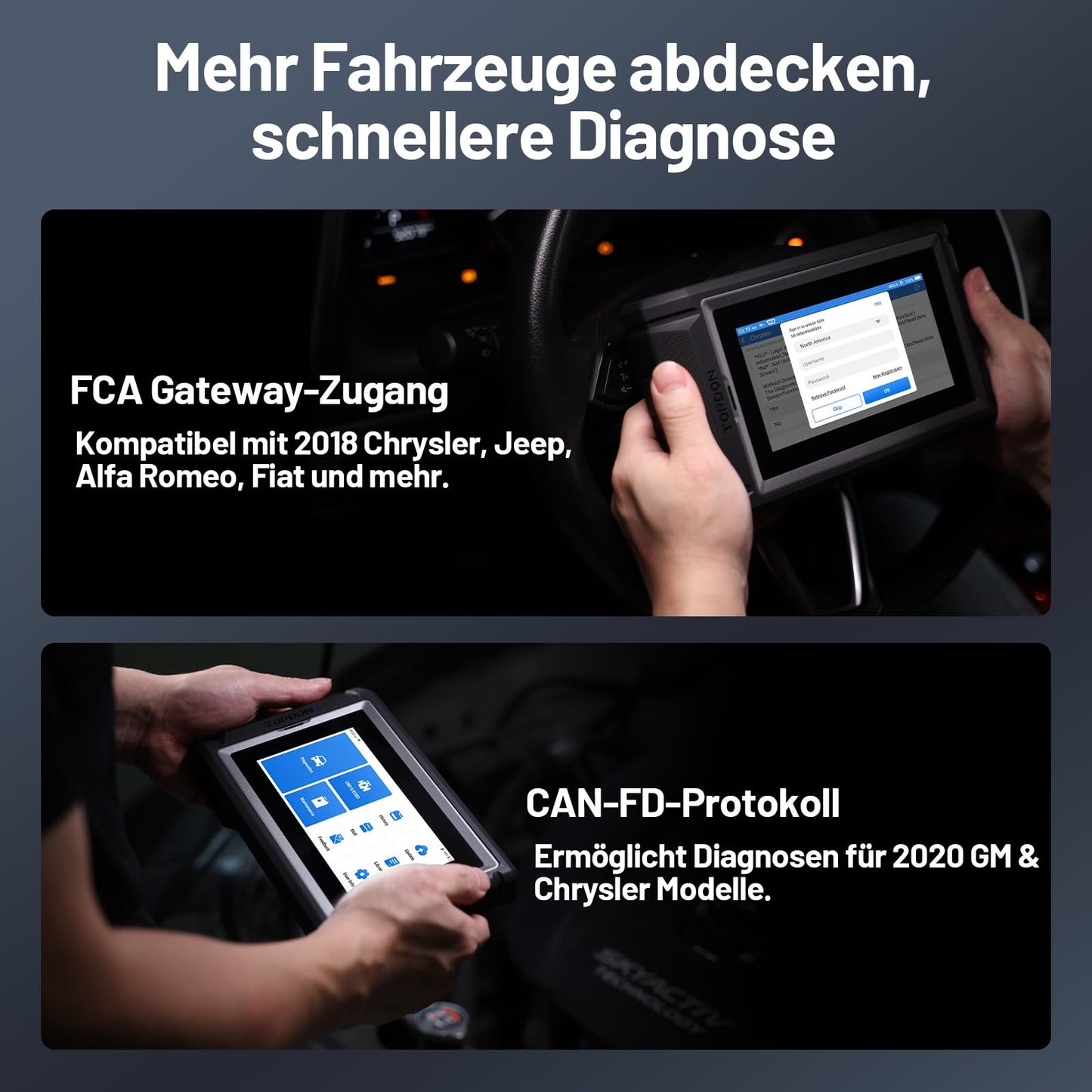 TOPDON ArtiDiag800 BT 2 OBD2 diagnostic tool, features 28+ maintenance functions, FCA gateway access & CAN-FD protocol, active test, wireless Bluetooth, and 2 years of free updates.