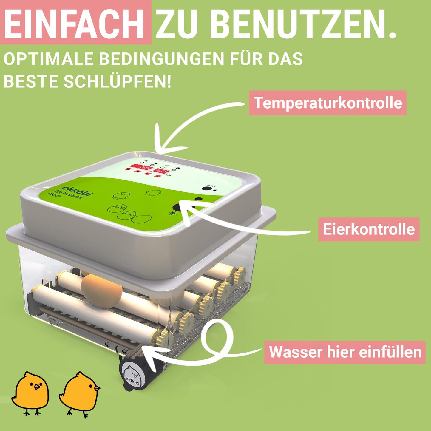 Incubator Fully Automatic 12 Eggs - Ideal for all age groups | Hatching Chickens Egg Turning and Moisture Control - Integrated Eggshell + 5 Year Protection - Okköbi OBI-12