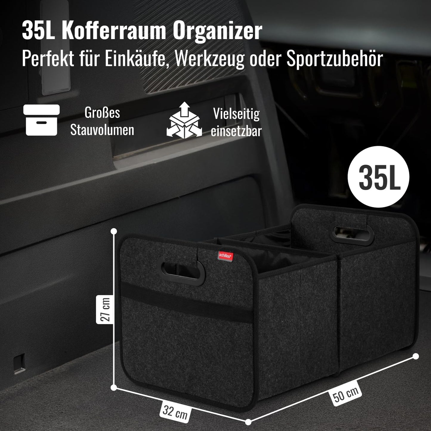 Achilles Car Folding Box XL - Felt Trunk Bag with Large Storage Space - Shopping Bag - Storage Box for Organized Storage (Anthracite)