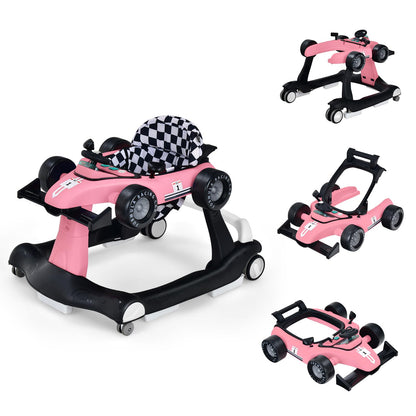 LIFEZEAL 4-in-1 baby walker, height-adjustable & foldable, suitable for babies from 6 months, with adjustable speed, light & music features (pink).