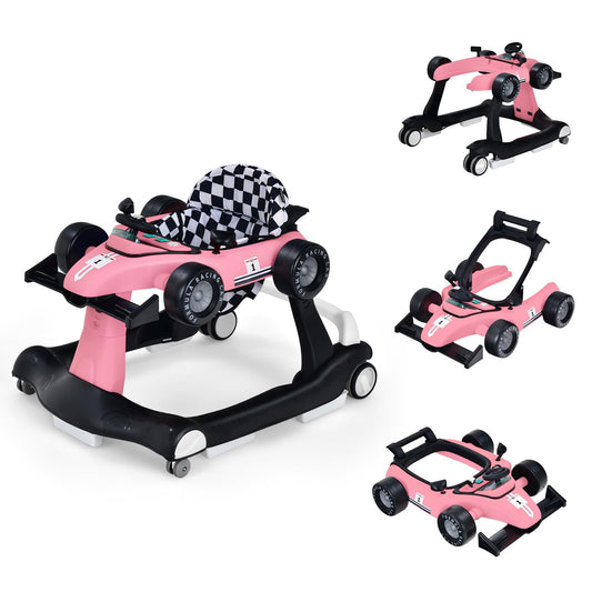 LIFEZEAL 4-in-1 baby walker, height-adjustable & foldable, suitable for babies from 6 months, with adjustable speed, light & music features (pink).