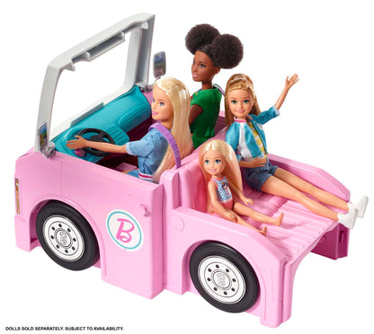 Barbie 3-in-1 Super Adventure Camper with accessories, pool, convertible truck, boat, 60 camping accessories, doll, suitable as a gift for children 3 years and older, GHL93.
