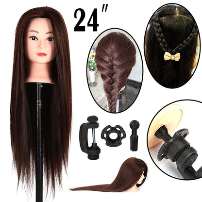 Youyijia Practice Head Training Heads 24" Mannequin Head Hair With Holder Training Head Hairstyling doll head Mannequin Head Holder (brown)