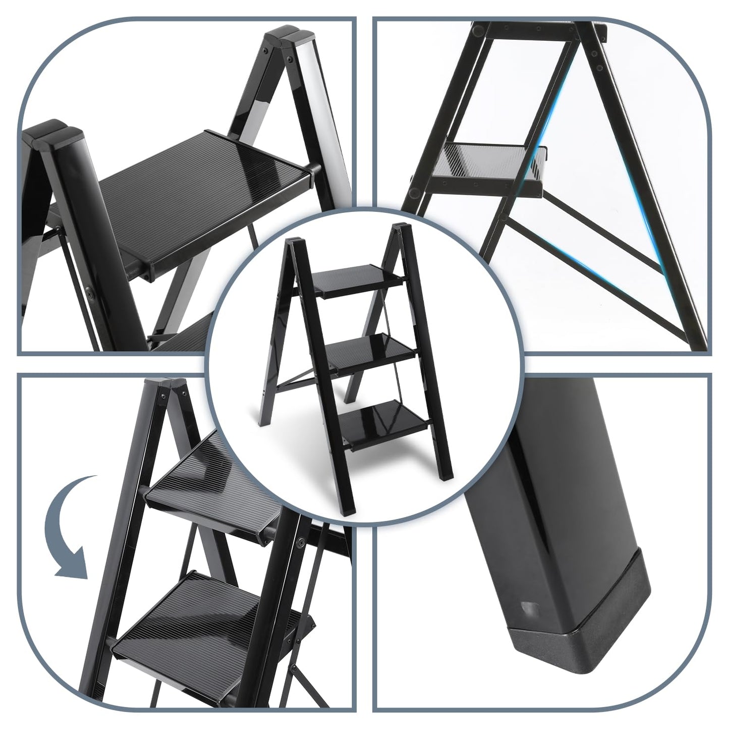 Owlstep Folding 2-Step Ladder, Lightweight Foldable Step Stool, Aluminum Footstool, Non-Slip Ladder with Folding Lock, Household Kitchen Step Ladder, Load Capacity up to 150kg, Black
