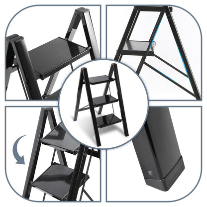 Owlstep Folding 2-Step Ladder, Lightweight Foldable Step Stool, Aluminum Footstool, Non-Slip Ladder with Folding Lock, Household Kitchen Step Ladder, Load Capacity up to 150kg, Black