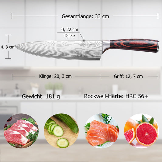 PAUDIN chef's knife, blade length 20 cm professional kitchen knife chef knife utility knife made of high-quality carbon stainless steel, extra sharp knife blade with ergonomic handle