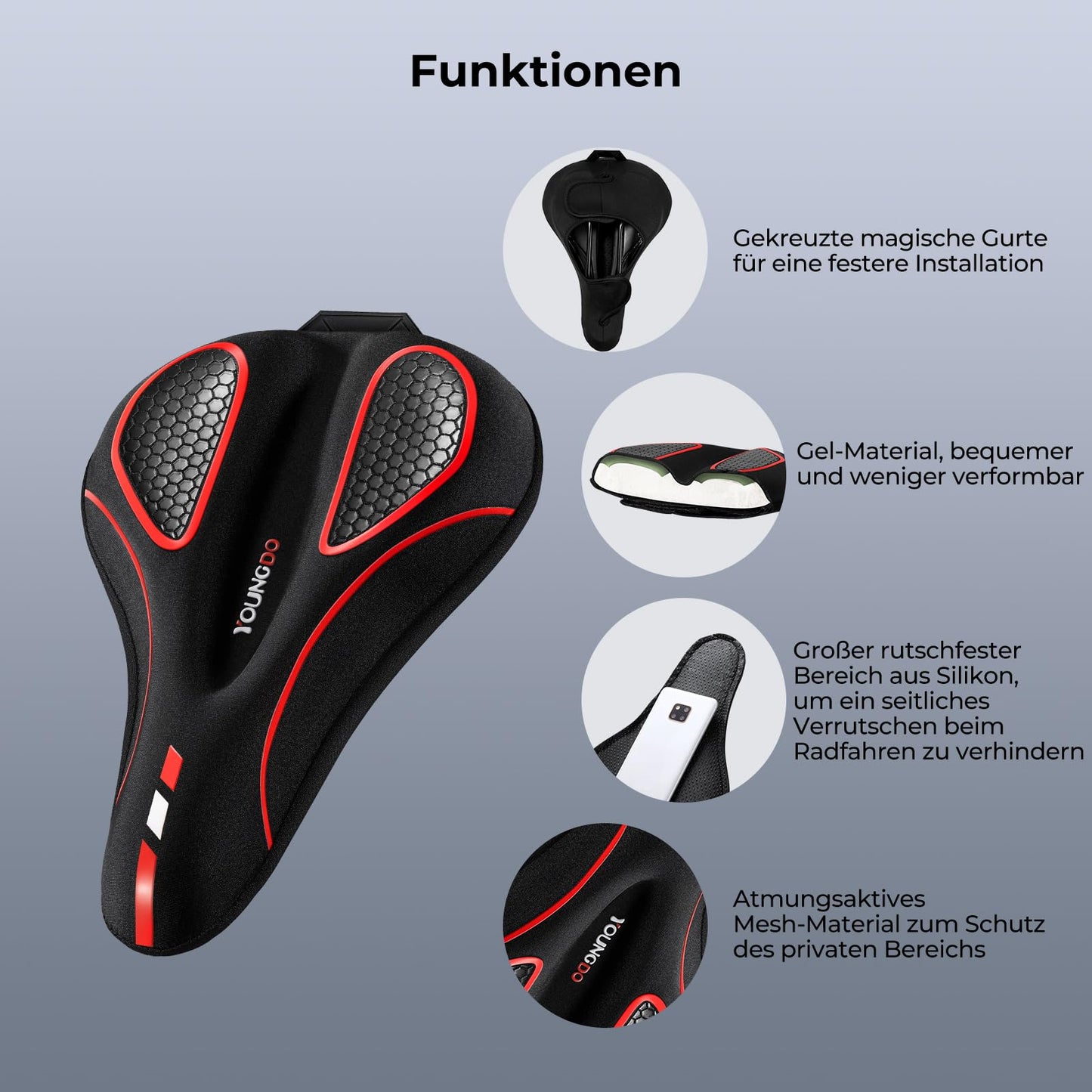 YOUNGDO Bike Saddle Cover, Ergonomic Gel Seat Cover, Bicycle Seat Padding, Soft and Comfortable, with Rain Cover, for Men & Women