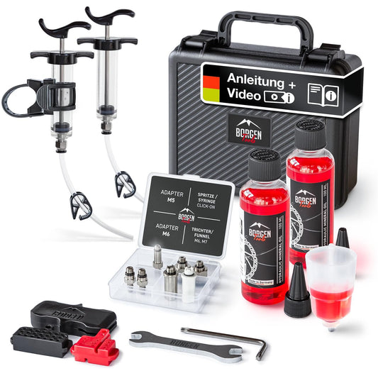 Borrow brake bleeding kit PRO for Shimano, Tektro, and TRP disc brakes - Includes instructions, 2X mineral oil brake fluid, brake bleed kit, bike brake bleeding set.