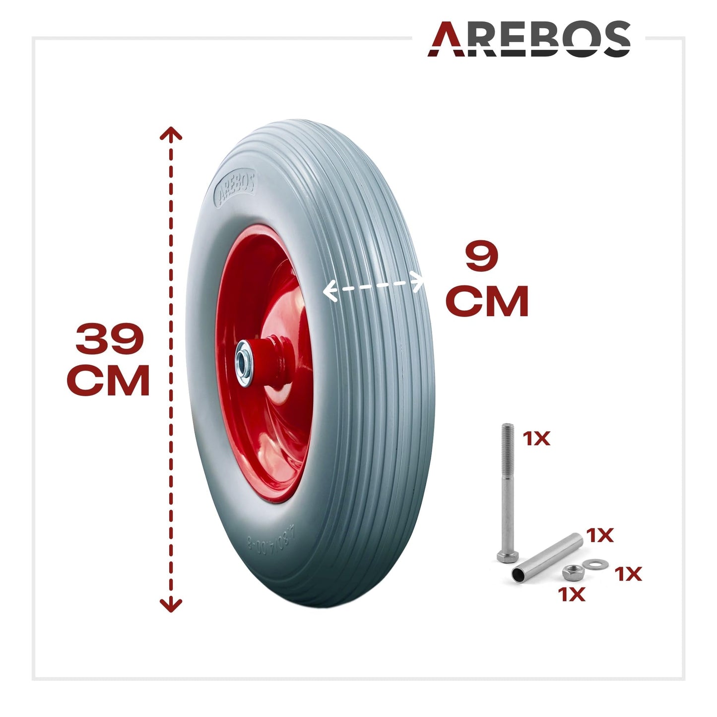 Arebos wheelbarrow wheel made of puncture-proof PU solid rubber. Load capacity 200 kg. Tire with steel rim. 4.80/4.00-8. Replacement wheel with axle. Diameter 390 mm. Grey.