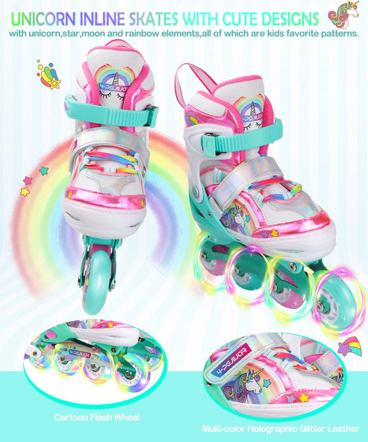 Unicorn inline skates for girls, adjustable sizes with all glowing wheels. Rainbow inline skates for beginner teenagers. Perfect for Christmas and birthday gifts.
