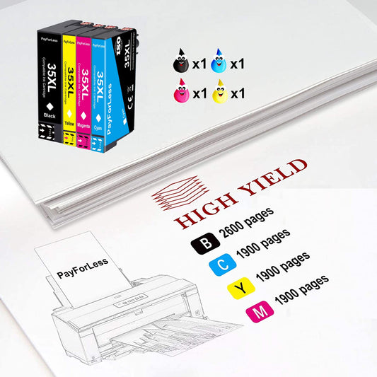 PayForLess offers printer cartridges for Epson 35XL, Epson Workforce Pro WF-4720DWF, Epson Workforce Pro WF-4725DWF, Epson WF-4725 cartridges, Epson WF-4720 cartridges, Epson WF-4730 cartridges, and Epson WF-4740 cartridges.