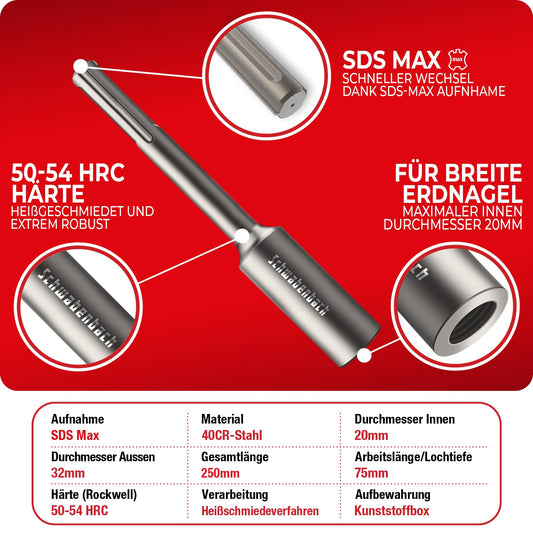 SCHWABENBACH® SDS MAX Earth Spike Driver - Robust tool for inserting deep earth spikes, 250 x Ø 32 mm, inner Ø 20 mm | Perfect for grounding stakes and secure earth anchoring.