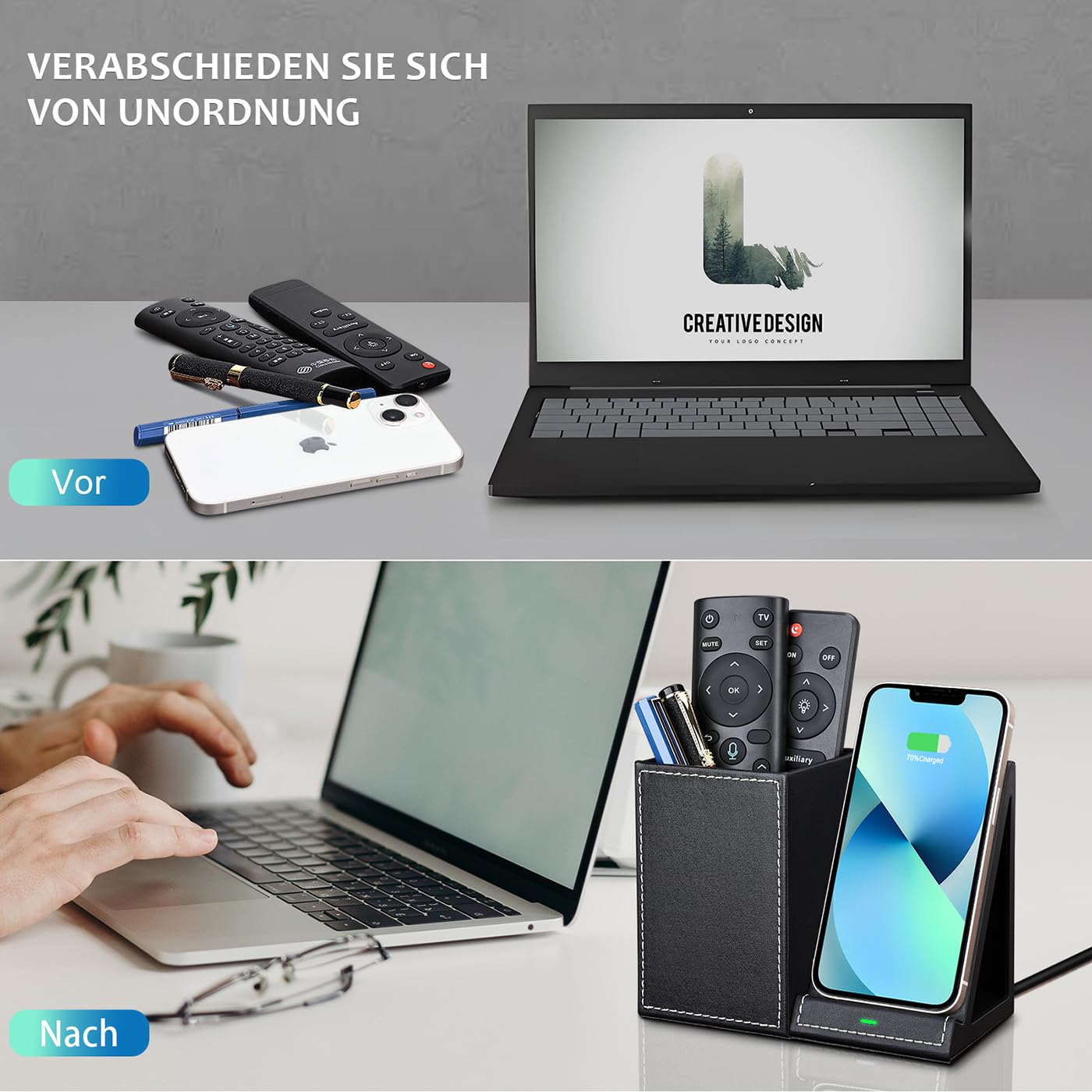 LADSTAG pen holder desk organizer with inductive charging station, office supplies 10W wireless charger for iPhone 14 13 12 11 Pro Max and Samsung Galaxy S23/S22/S21/S20/S9 (Black)