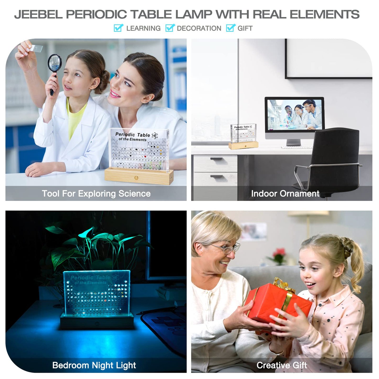 Jeebel Periodic Table of Real Elements, LED acrylic periodic table lamp with 83 real element samples, a great educational tool for crafting and creative gift for students, teachers, and children.