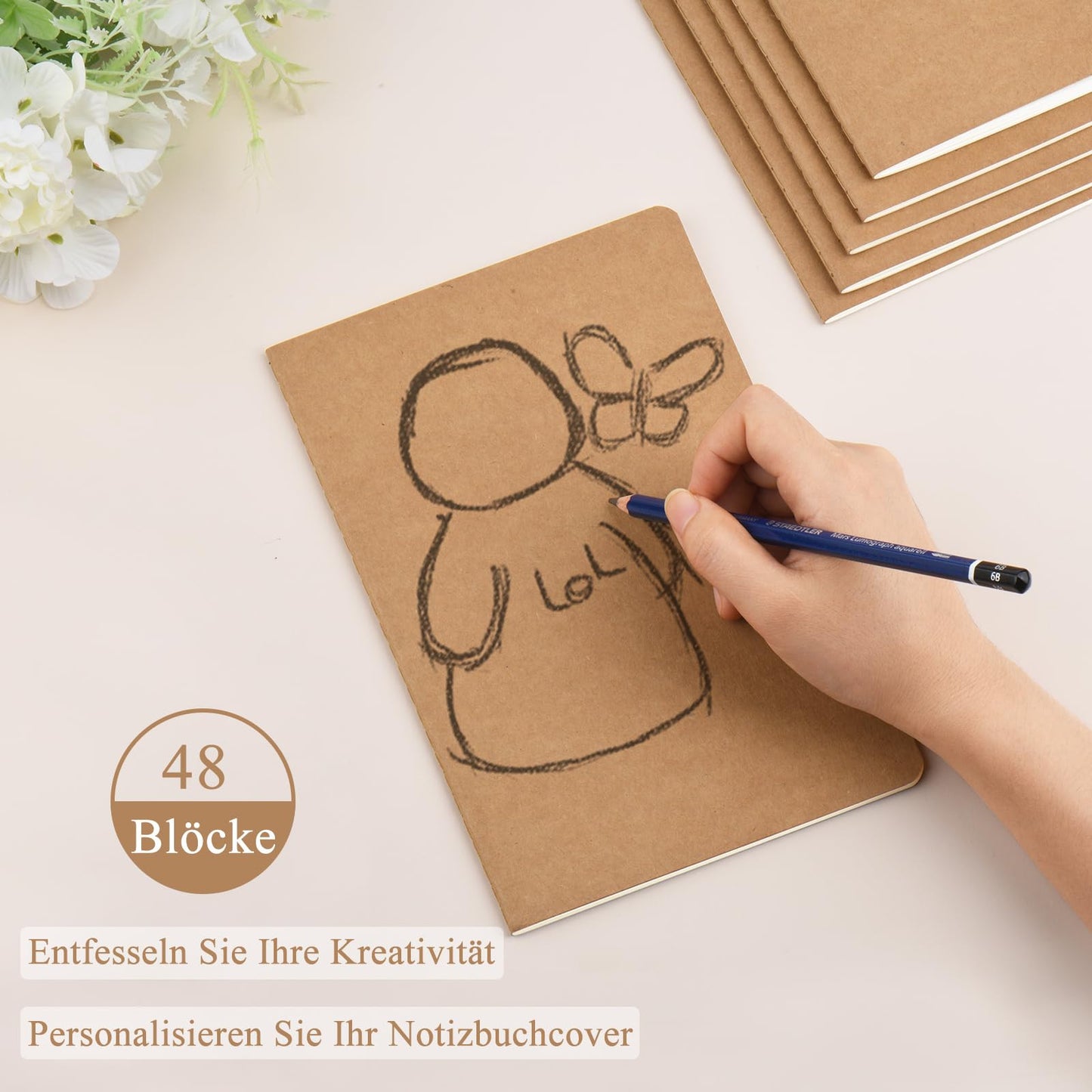 ZCZN notebook A5 blank, 48 pieces kraft cover notepad with 30 sheets, journal for office and school.