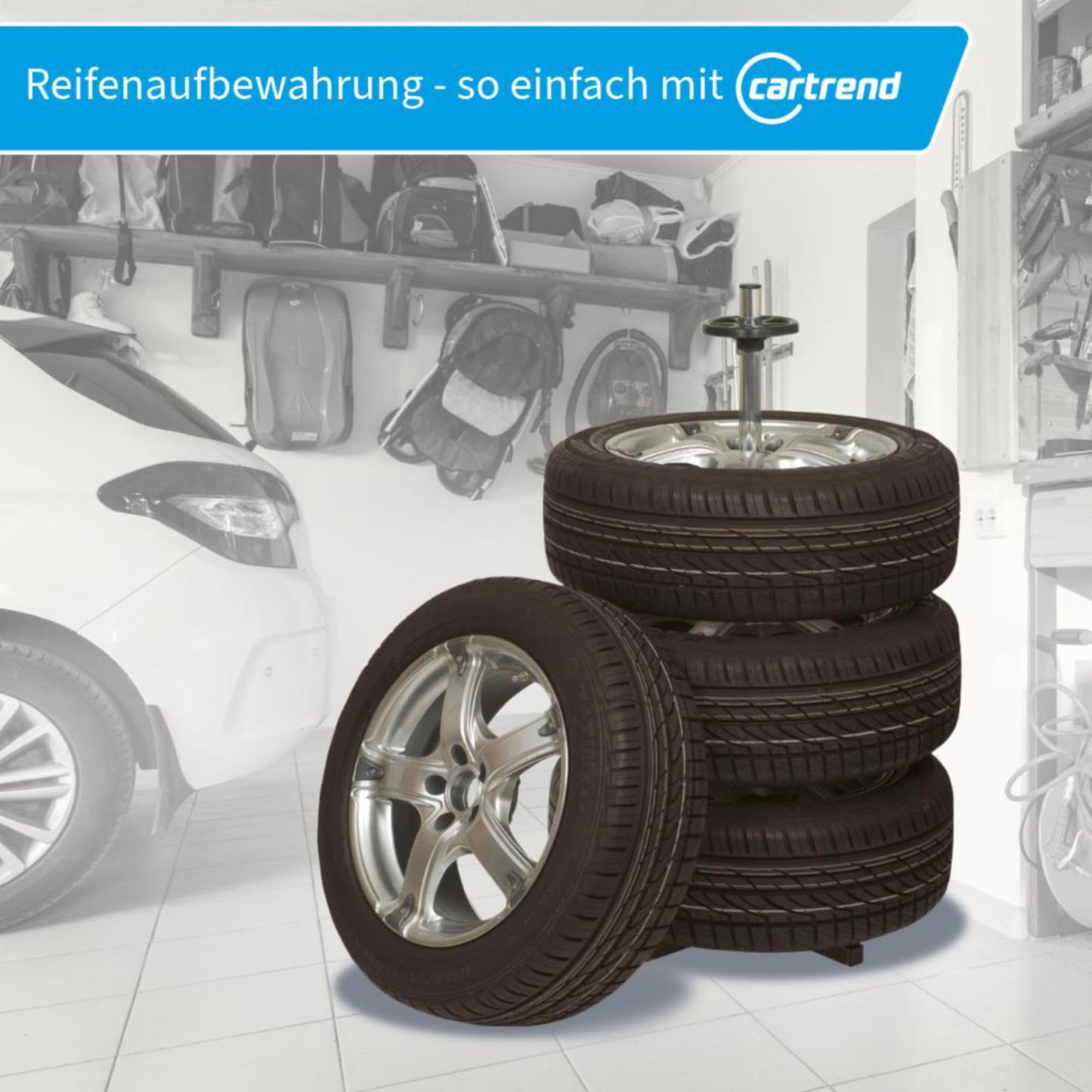 Cartrend wheel tree, for more space in the garage, assembled by plug-in system, tire stand for storage of 4 car tires with rims, up to tire width 225 mm.