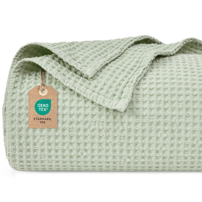 PHF 100% Cotton waffle blanket Throw 150x200cm, lightweight & breathable, perfect for summer - Oeko-TEX® Certified - Hotel-grade quality - Ideal for sofa, couch, bed, Grass Green.