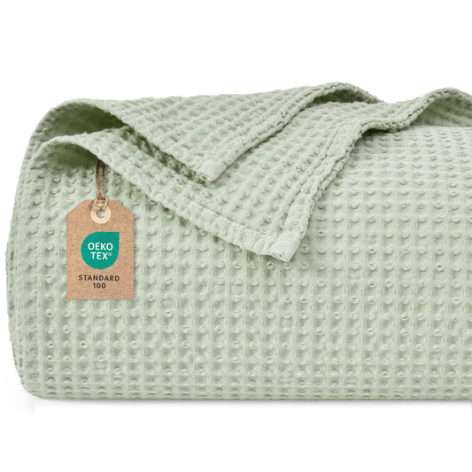 PHF 100% Cotton waffle blanket Throw 150x200cm, lightweight & breathable, perfect for summer - Oeko-TEX® Certified - Hotel-grade quality - Ideal for sofa, couch, bed, Grass Green.