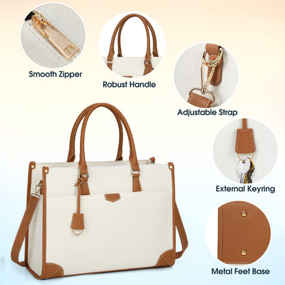 IGOLUMON handbag women canvas laptop bag 15.6 inch shopper women large laptop tote bag women work bag notebook bag office bag for office school travel, brown