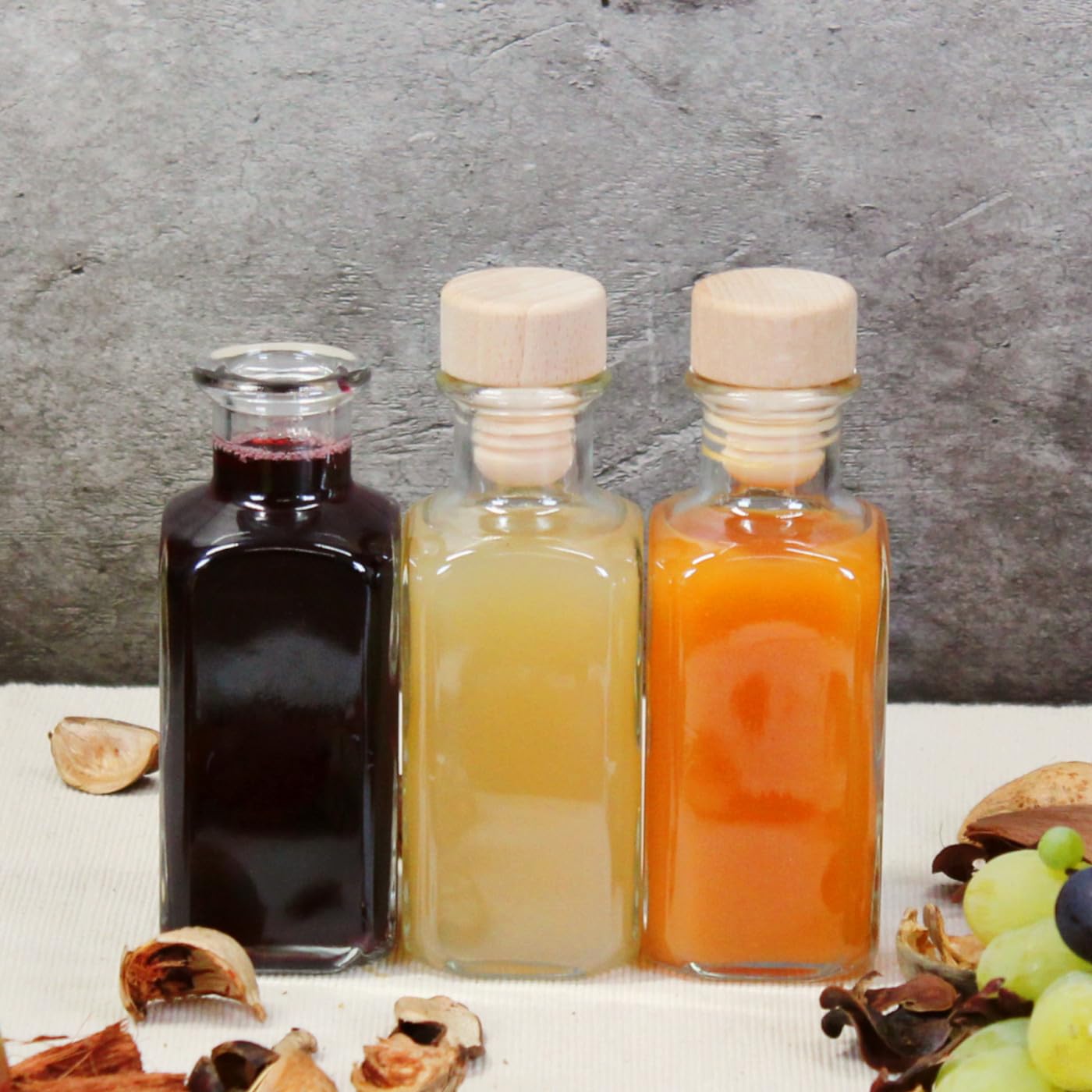 gouveo 24-pack glass bottles 100 ml apothecary design square with cork (HGK) - small 0.1 l glass bottle for liqueur, oil, vinegar, decoration (AFET100HGK)