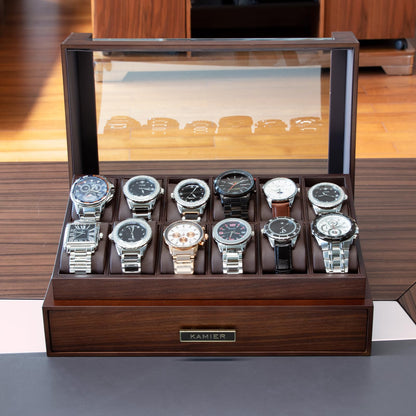 KAMIER Men's Watch Box with 12 compartments, Luxurious Large Real Wood Watch Box 2 Levels, Watch Case with removable watch cushions and drawer, Premium Watch Case with glass cover (with gift box)