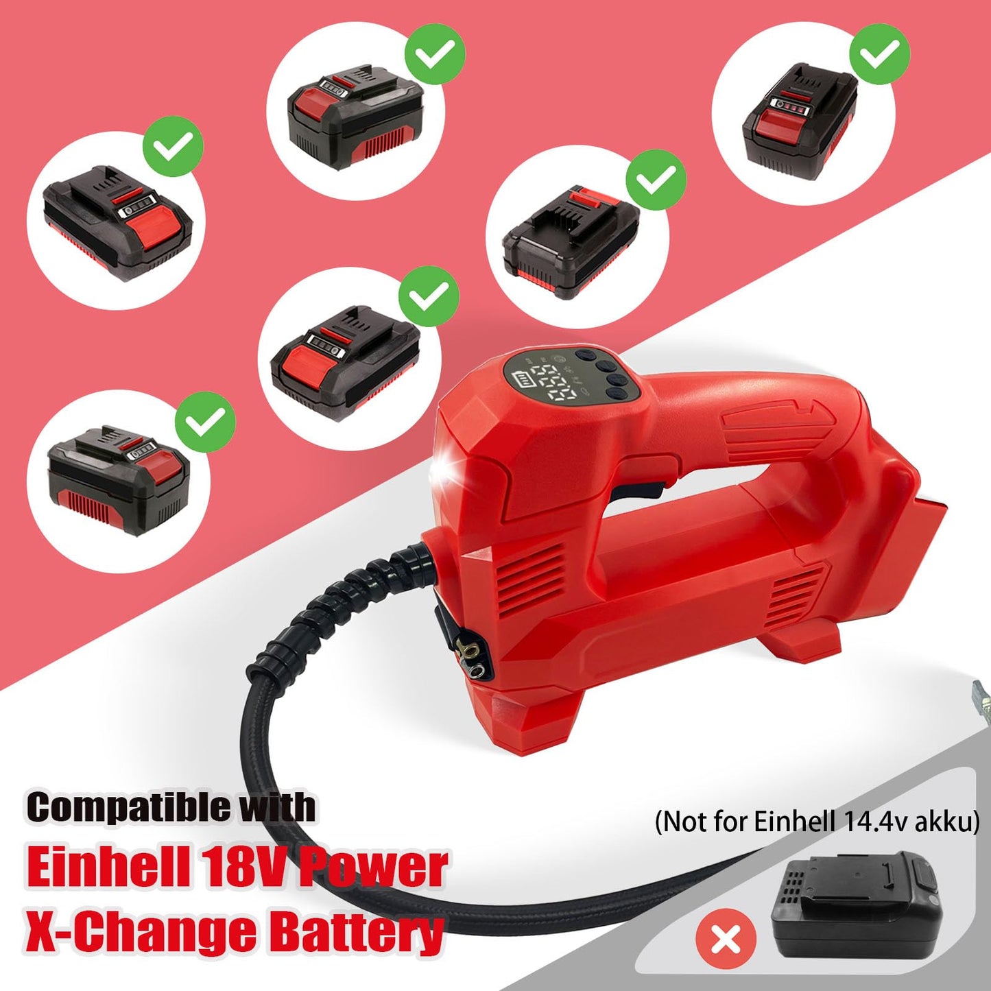 TPDL battery car compressor for Einhell Power X-Change 18 volt battery with LED lamp, cordless automatic stop 160PSI compressor, battery electric universal pump for bicycle/car/ball