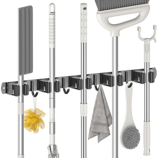 Radikor Broom Holder Wall, Self-Adhesive Broom Holder with 5 Holders and 4 Hooks, Stainless Steel Tool Holder Screwable, Garden Tool Holder Garden Tool Holder, Broom Mop Holder, Black