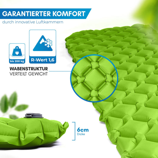 NORDMUT® 600g Ultralight Sleeping Pad [with Repair Kit] - Inflatable Camping Air Mattress compact pack size - Weatherproof Camping Mattress for Outdoor Tent & Festivals - Green