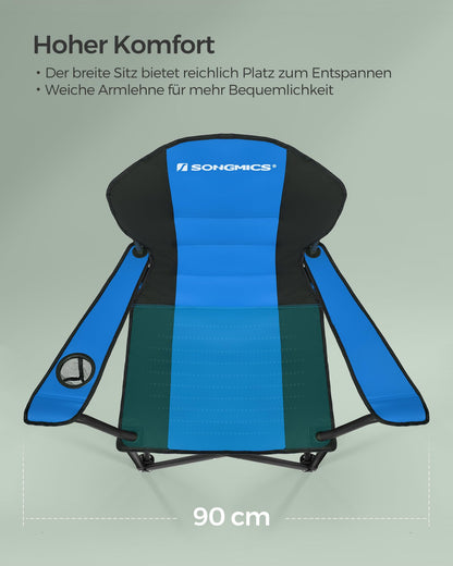 SONGMICS Beach Chair, Camping Chair, Folding Chair with Drink Holder, Foam Padding, Foldable, Supports up to 250 kg, Outdoor Chair, Blue-Black GCB06BU