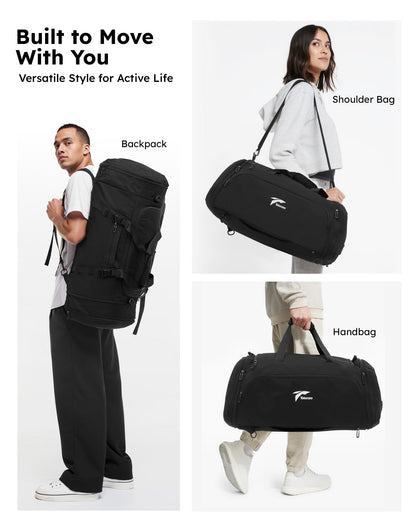 Tolaccea 54L-72L Expandable Sports Bag for Men, Women, Large Travel Backpack with Shoe Compartment, Fitness Training Bag for Gym, Travel, Swimming, Sauna, Soccer (Black)