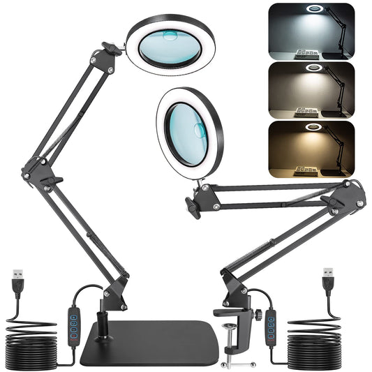 Jubor 2-in-1 Magnifying Glass with Light and Stand, 15X 10X LED Magnifier Lamp with Clamp and Base, Desk Lamp with 3 Color Modes Dimmable, LED Magnifying Lamp for Hobby Crafting, Repair, DIY
