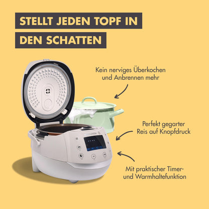 REISHUNGER Digital Rice Cooker & Steamer Gray | 1.5 L for up to 8 persons | Keep warm function, timer & premium inner pot | Multicooker, 12 programs, 7-phase technology