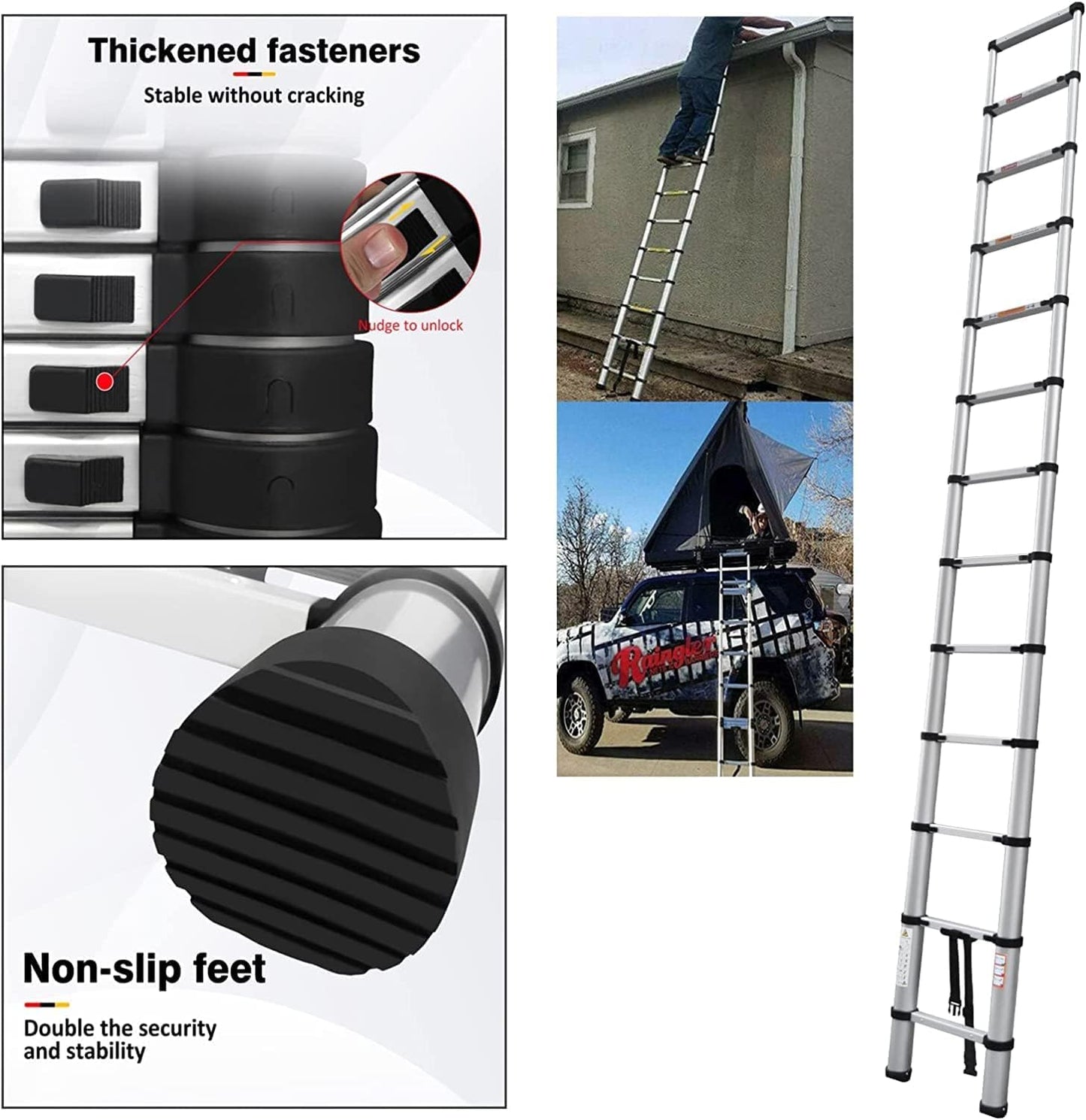 14.5FT portable multipurpose aluminum telescoping ladder, 4.4M retractable foldable ladder extension climbing stable ladder, 330lbs max load, step ladder with non-slip rubber feet.