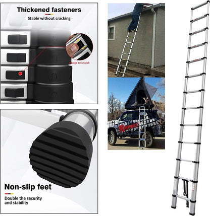 14.5FT portable multipurpose aluminum telescoping ladder, 4.4M retractable foldable ladder extension climbing stable ladder, 330lbs max load, step ladder with non-slip rubber feet.