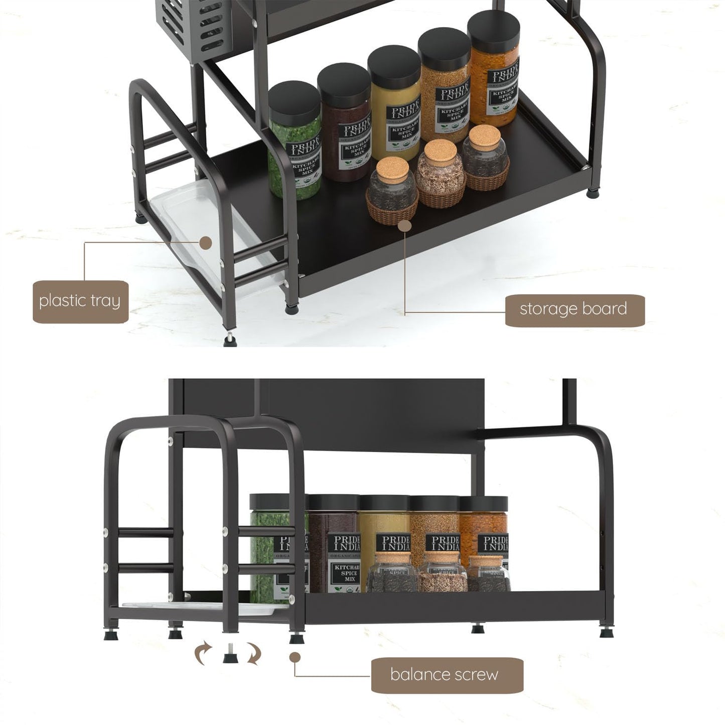 FEXPLENDID kitchen shelf countertop, 63x49x22.5cm, spice racks for kitchen countertop, steel, spice organizer, freestanding spice rack, table shelf for kitchen, office, laundry room (3-tier black)