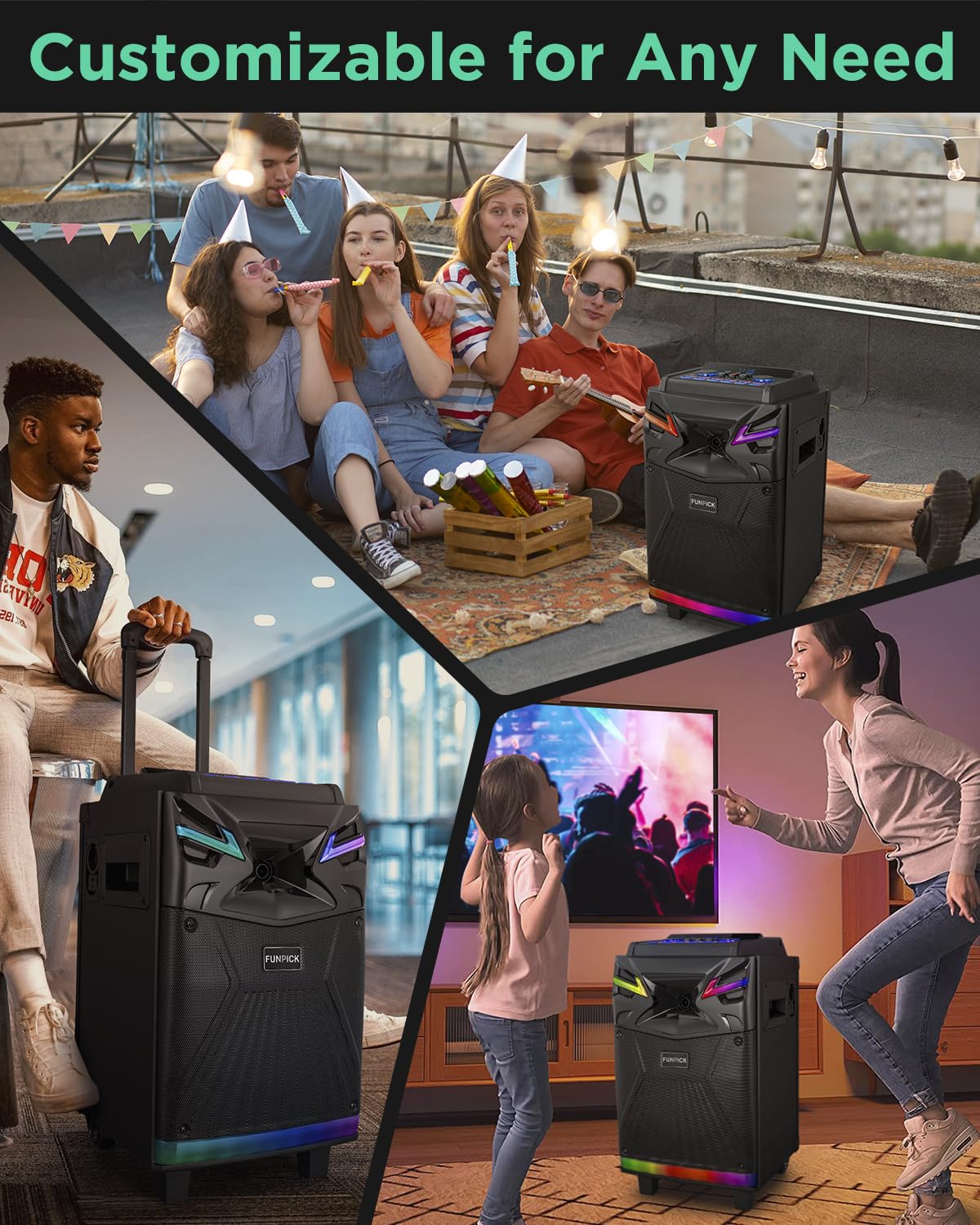 Karaoke machine with 2 microphones, Bluetooth portable PA system for adults, 10-inch speaker supports live streaming, DJ lights/FM radio/recording, YouTube, TikTok.