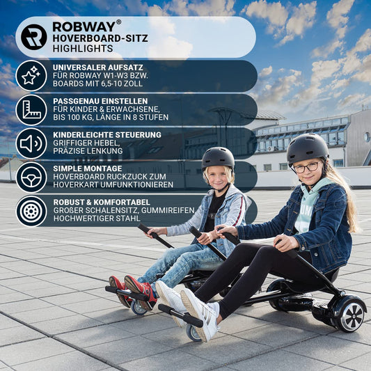 Robway Hoverkart | 𝐃𝐀𝐒 𝐎𝐑𝐈𝐆𝐈𝐍𝐀𝐋 ® - W1 W2 W3 & universal for 6.5" / 8" / 10" Boards - Hoverboard Seat - Hoverseat - Hovercart Seat - Rubber tires - Kids & Adults (Black)