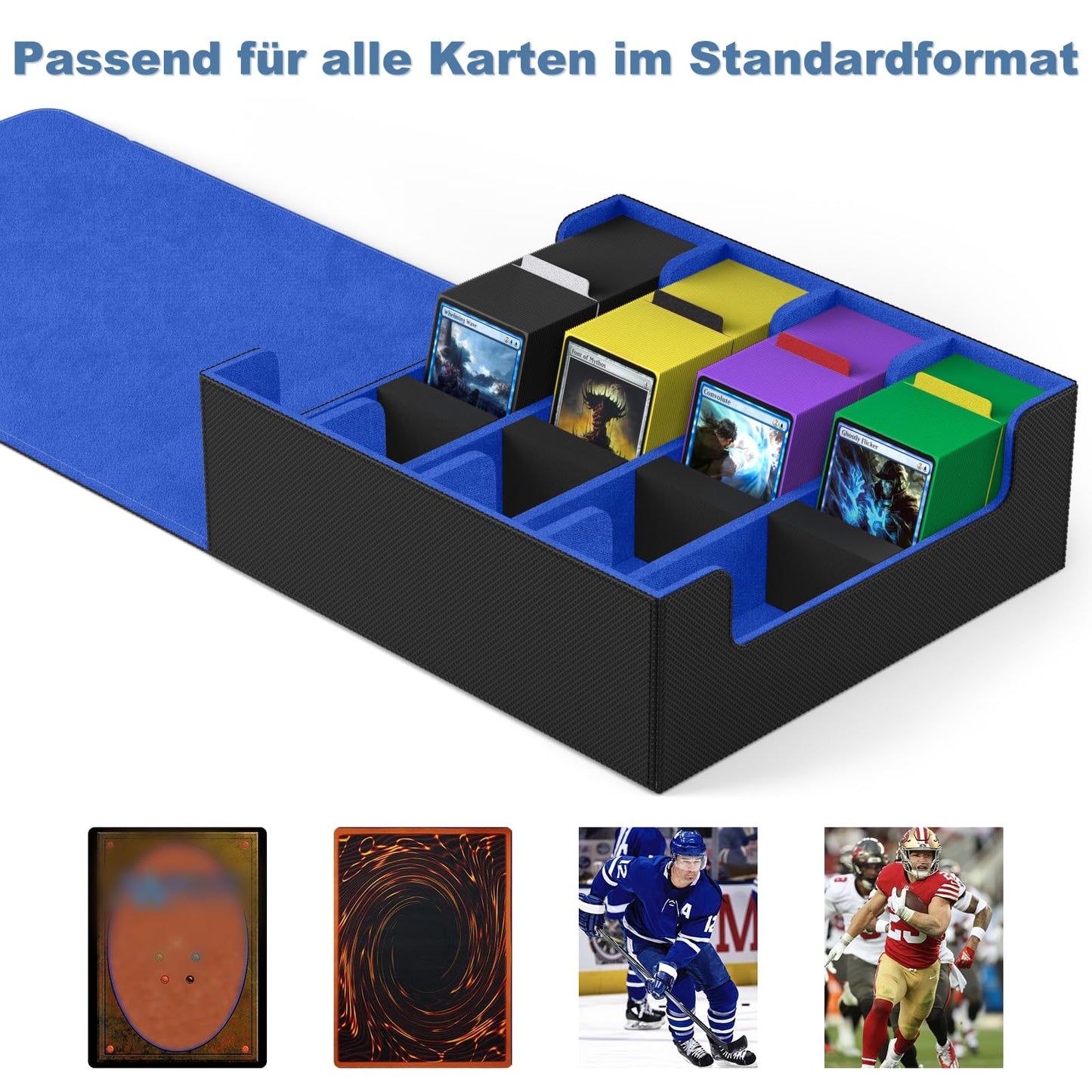 Mlikero card storage box for 1800+ cards, Magnetic card deck box fits MTG and sports cards, Premium Commander card deck box with 10 compatible card dividers (Black&Blue)