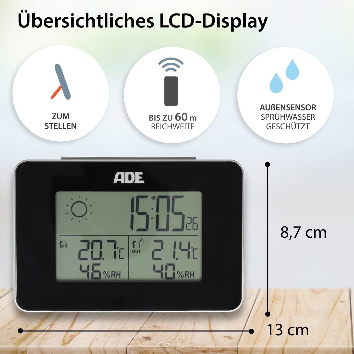 ADE Digital Weather Station with Wireless Outdoor Sensor | Indoor and Outdoor Temperature | Humidity Meter | Animated Weather Forecast | Radio Alarm Clock with Snooze Function | Black | Blue Backlight