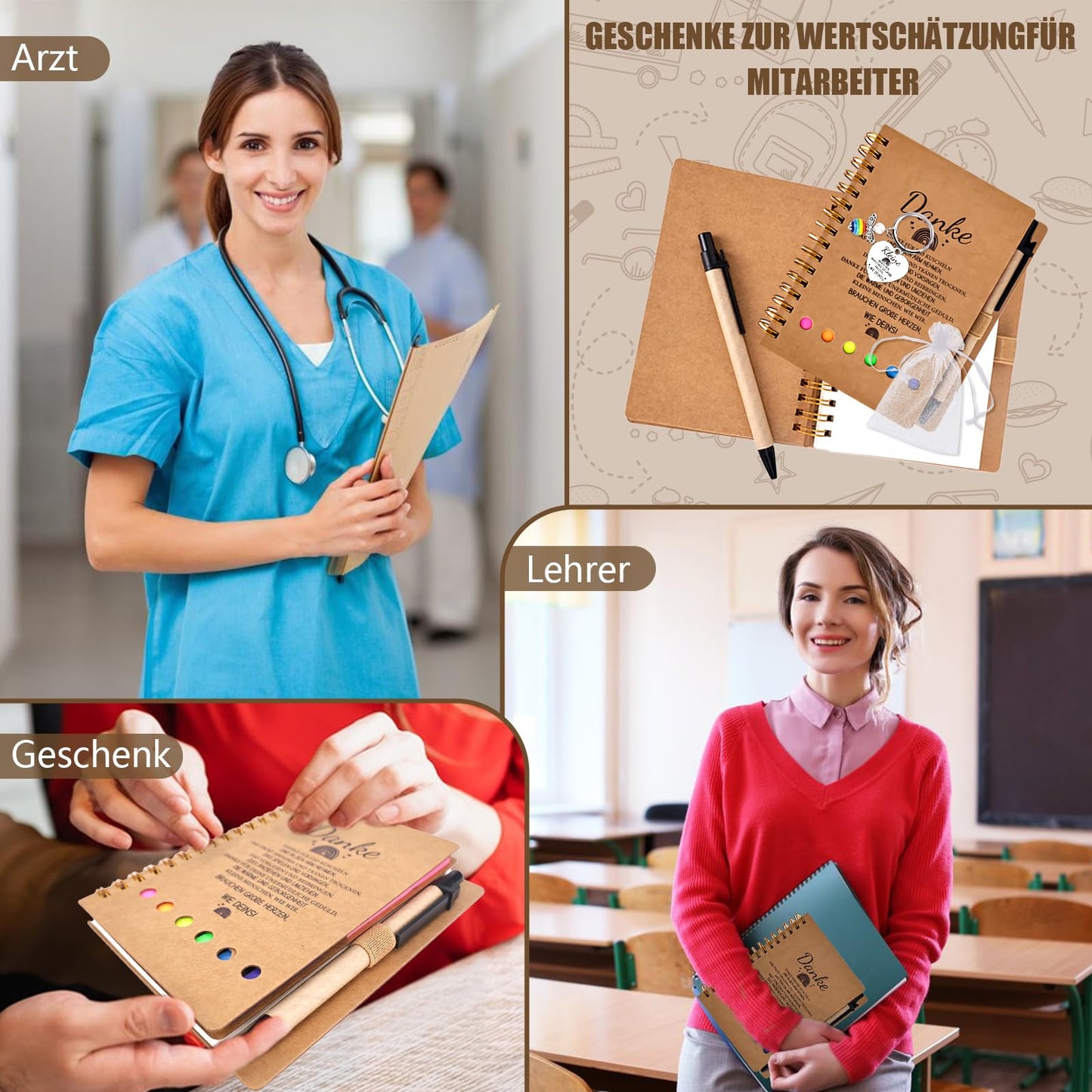 6-pack farewell gift for educators, including notepads, keychains, organza bags. Thank you gift for teachers, goodbye gift for daycare, kindergarten, elementary school.