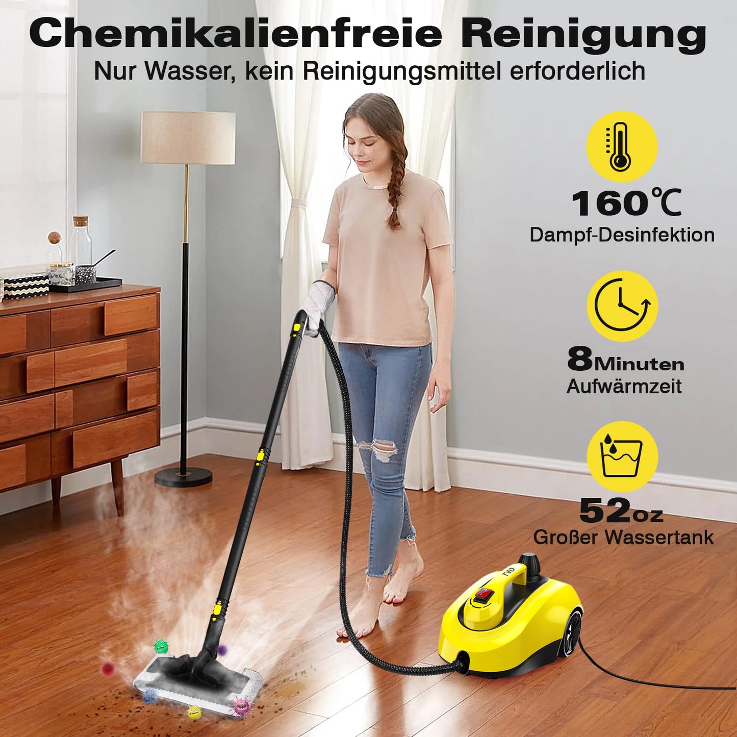 TVD Steam Cleaner, upholstery cleaning device, steam cleaner with 5m extra long power cord for floor steamers, oven, carpet, sofa, upholstery, bed bugs (deep yellow)