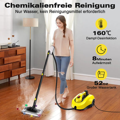 TVD Steam Cleaner, upholstery cleaning device, steam cleaner with 5m extra long power cord for floor steamers, oven, carpet, sofa, upholstery, bed bugs (deep yellow)